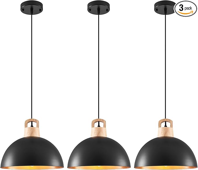 Black Pendant Light, 3 Packs 11.8inch Modern Pendant Lights, Farmhouse Pendant Lights Kitchen Island, Kitchen Pendant Light for Bedroom; Office; Living Room