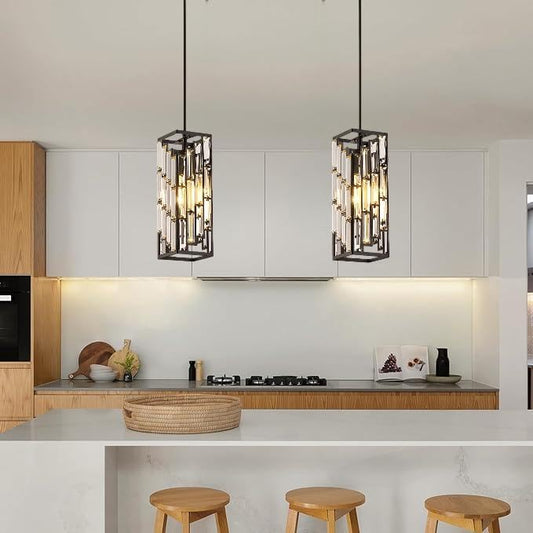 Black Pendant Lights Kitchen Island 2 Pack, Adjustable Modern Pendant Light Fixtures, Mini Crystal Chandeliers for Dining Room Bedroom Foyer Hallway