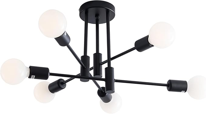 20.5 Inch Black Sputnik Ceiling Light Fixture 6-Light Black Sputnik Chandeliers, Mid Century Chandelier Modern Chandelier for Dining Room, Living Room, Bedroom, E26 Base