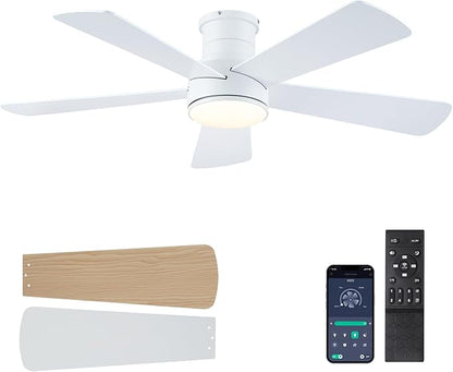 Hounberi52 Inch Flush Mount Ceiling Fan with Lights and Remote, Modern Quiet DC Motor Low Profile Ceiling Fan for Low Ceilings, 5 Reversible Blades, 6 Speeds Dimmable, Indoor Outdoor Bedroom, White