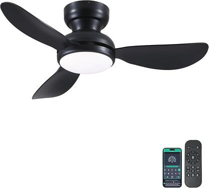 Kviflon 36 Inch Flush Mount Ceiling Fan with Light, 3 Reversible Blades, Remote & APP Control, 3 CCT Dimmable for Bedroom Living Room, Black