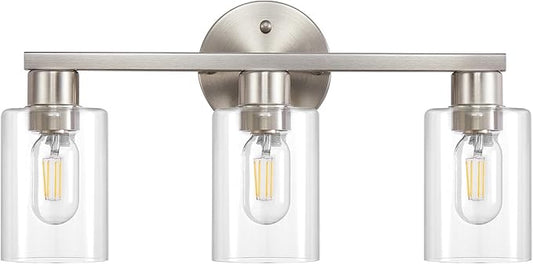 Brushed Nickel Bathroom Light Fixture 3-Light Bathroom Vanity Light Brushed Nickel 3 Light Vanity Lights for Bathrrom with Clear Glass Shades for Living Room Bedroom(E26 Socket)