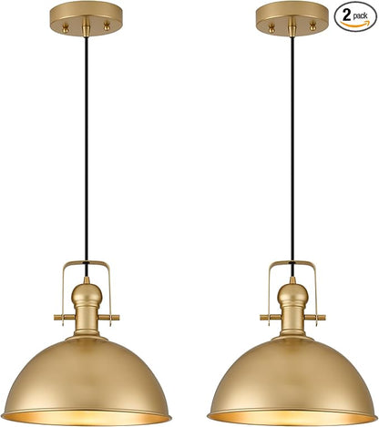 12 Inch Gold Farmhouse Pendant Lights Matte Pendant Lights for Kitchen Island Industrial Adjustable Height Vintage Dome Hanging Light Fixtures for Barn, Dining Room 2 Packs