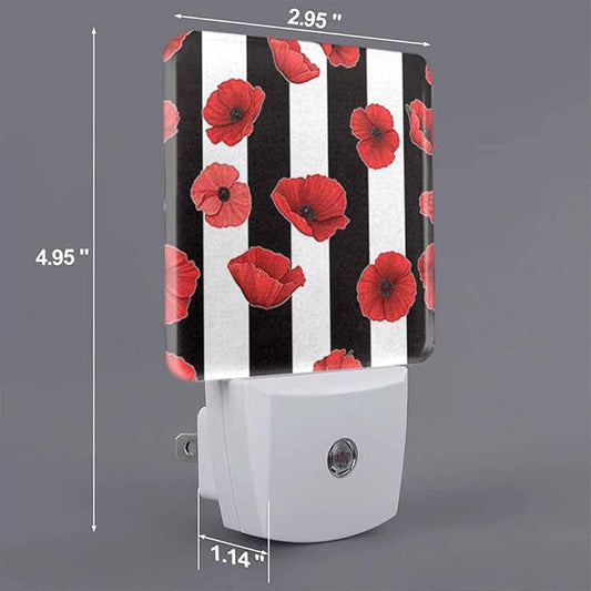 Black and White Stripes Night Light Red Poppy Petals Plug into Wall with Dusk to Dawn Light Sensors 0.5W Warm Nightlights for Bedroom Bathroom Hallway