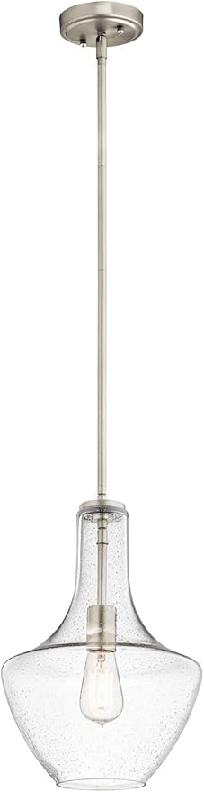 Kichler Everly 1-Light Kitchen Bell Pendant Light, Hanging Light Fixture with Clear Seeded Glass in Brushed Nickel for Kitchen Island or Dining Room (15.25" x 10.5"), 42141NICS