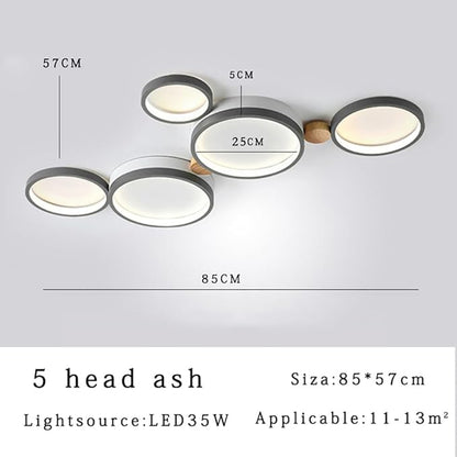 5-Lights LED Ceiling Light Fixture,Modern 34 Inch Ceiling Lights Flush Mount Wooden 35W Dimmable Chandelier for Living Room Bedroom Kitchen,3000K/4000K/6000K Temperatures Selectable Grey