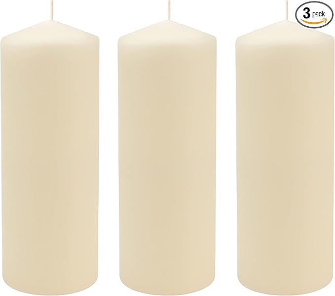 Stonebriar Unscented Pillar Candles – 80 Hour Burn Time, Long-Lasting Wax Candles for Weddings, Holidays, Home Décor & Special Events, Pack of 3, Ivory, 3" x 8"