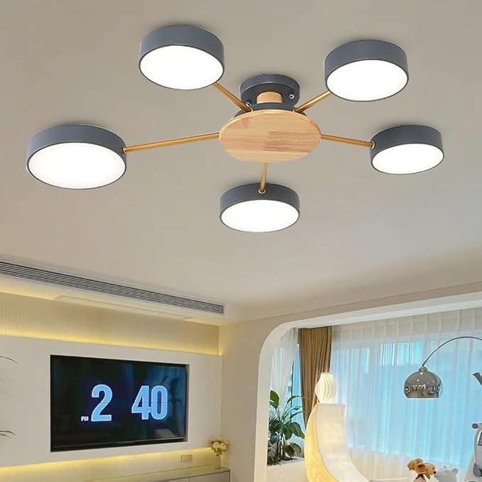 5-Lights LED Ceiling Light Fixture,32 Inch Modern Ceiling Lights Flush Mount Wooden 40W Dimmable Chandelier for Living Room Bedroom Kitchen,3000K/4000K/6000K Grey