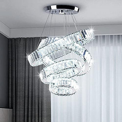 CLAIRDAI Modern 4 Ring Crystal Chandelier, LED Pendant Light Fixture, Cool White K9 Crystal Ceiling Light for Dining Room, Living Room, Bedroom