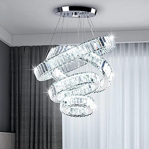 CLAIRDAI Modern 4 Ring Crystal Chandelier, LED Pendant Light Fixture, Cool White K9 Crystal Ceiling Light for Dining Room, Living Room, Bedroom