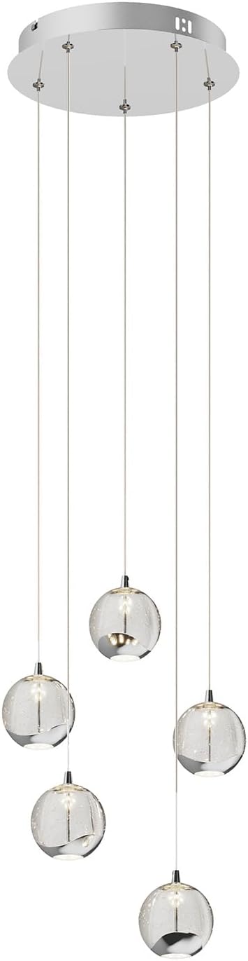 5-Light Modern Chrome Glass Globe Chandelier, Hanging Cluster Pendant Light Kitchen Island & Foyer Chandelier, Warm White 3000K, Chrome Pendant Lights Cluster, Ø 11.03 in
