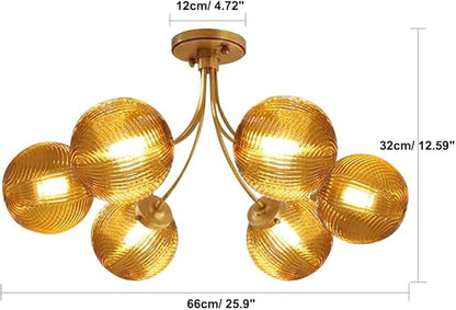 Glass Flush Mount Light 6-Light Gold Mid Century Chandelier Amber Glass Close to Ceiling Light Antique Gold Modern Chandelier Light Fixtures for Bedroom Living Dining Room