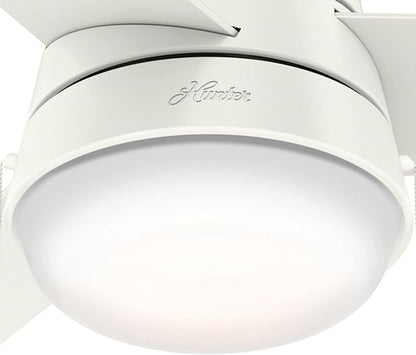 Hunter 36 inch Small Indoor Ceiling Fan with LED Light and Pull Chain - Modern Ceiling Fan, Standard Mount, 3 Blades, For Bedroom, Home Office, or Laundry Room, Quiet - Aker 59301, Fresh White