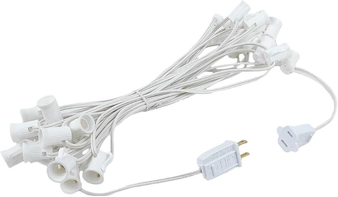Novelty Lights 25 Foot C7 Outdoor String Light Christmas Stringer - Patio String Lights - Candelabra Base (C7/E12) - 12" Spacing - White Wire