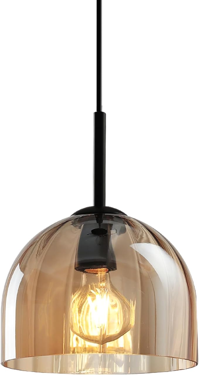 Modern Amber Glass Pendant Lights, Nordic Boho Dome Chandelier, 7.86" Bell Lamp Shape Hanging Ceiling Lighting Fixtures Kitchen Island Dining Room Table, Vintage Lampshade