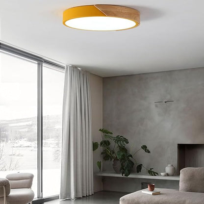 LED Ceiling Light Fixture,10 Inch Modern Wood Recessed Ceiling Lights,Dimmable Light,Yellow 12W Close to Lighting Flush Mount Living Room Bedroom,3000K-6000K