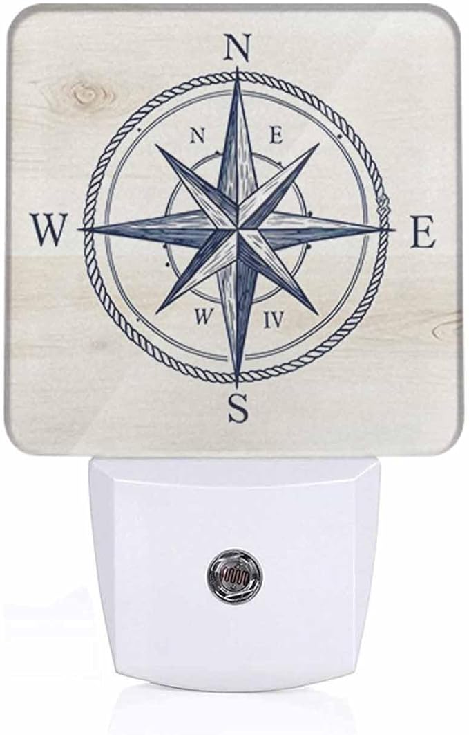 Compass Night Light Vintage Ocean Geographical Exploration Sign 0.5W Night Lights Auto LED Lamp Energy Saving Square Lights for Room Bedroom Bathroom