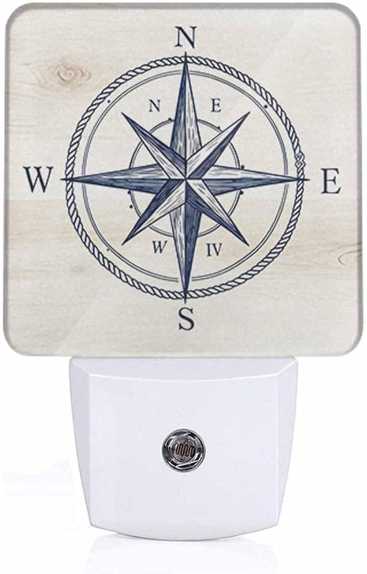 Compass Night Light Vintage Ocean Geographical Exploration Sign 0.5W Night Lights Auto LED Lamp Energy Saving Square Lights for Room Bedroom Bathroom