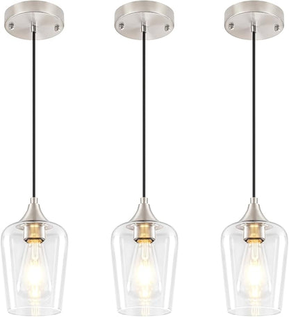 3 Pack Brushed Nickel Pendant Lights Kitchen Island, Modern Glass Pendant Lighting Over Island, Kitchen Hanging Light Fixtures Over Sink Adjustable Mini Pendant Lights for Bathroom Dining Room Hallway