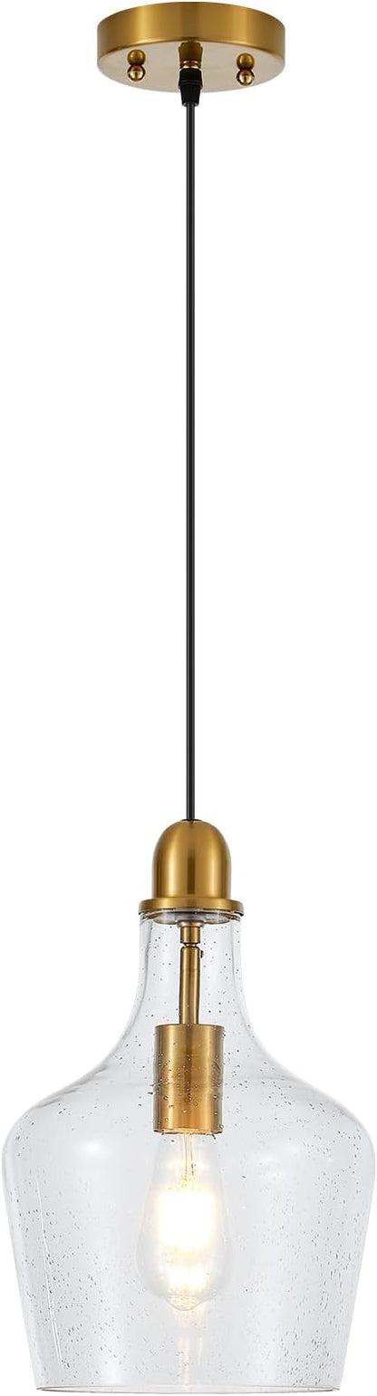 9” Seeded Glass Pendant Light Modern Brass 1 Light Single Dome Bubble Pendant Lighting Fixtures for Kitchen Island Dining Room Hallway, UL Listed