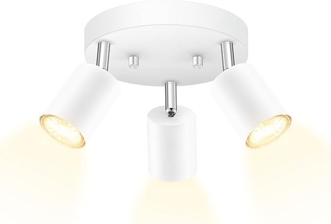 AUQUEE LED 3 Light Track Lighting Kit, LED Track Lighting Fixtures, White Round Ceiling Spot Lighting, Flexibly Rotatable Light Head for Kitchen, Living Room, Bedroom, GU10 Bulb Not Included
