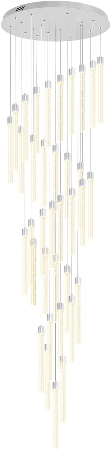 200'' Long Crystal Column Chandelier Silver 36-Lights Extra Large Staircase Chandeliers Dimmable LED Ceiling Lighting Foyer Entryway Light Source is Replaceable