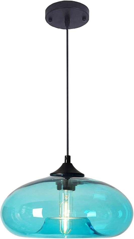 11" Industrial Vintage Colorful Glass Pendant Lighting 1-Light Farmhouse Loft Bar Ceiling Hanging Lamp Kitchen Island Dining Room Bedroom Chandelier (Blue)