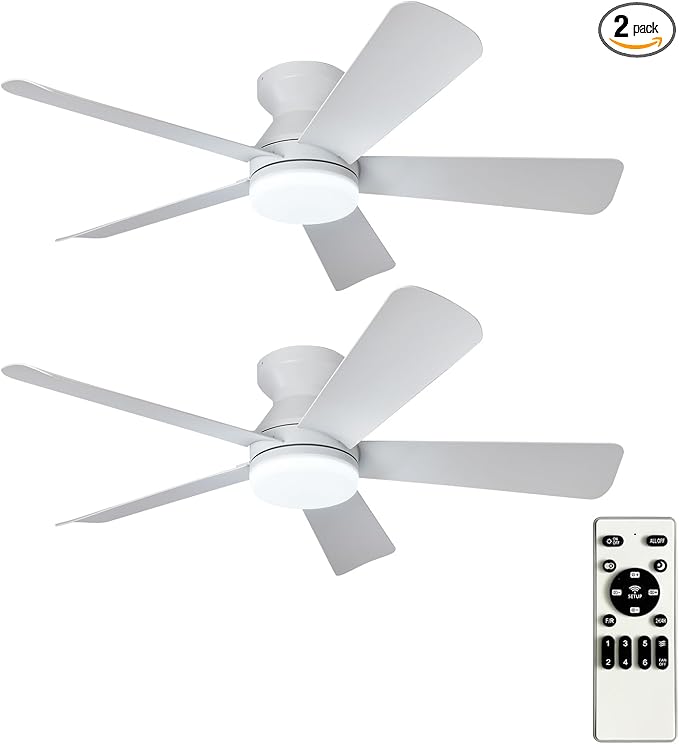 Depuley 42-Inch Ceiling Fans with Lights: Indoor/Outdoor Flush Mount Ceiling Fan with Remote Control - White 5 Blade Low Profile Fandelier for Kitchen Gazebo - Reversible Quiet Timer - 2 Packs