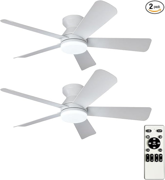 Depuley 42-Inch Ceiling Fans with Lights: Indoor/Outdoor Flush Mount Ceiling Fan with Remote Control - White 5 Blade Low Profile Fandelier for Kitchen Gazebo - Reversible Quiet Timer - 2 Packs