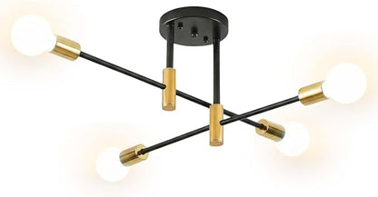 Modern Sputnik Chandelier 4-Light Adjustable Ceiling Light Fixture Black and Gold Semi Flush Mount Ceiling Lamp with E26 Base Industrial Ceiling Light for Dining Room Bedroom Living Room