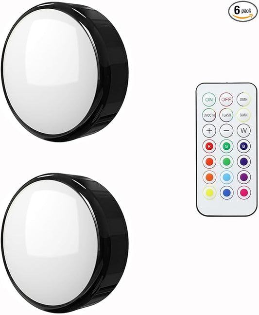 SEMSMOKS Battery Operated LED Push Lights with Wireless Remote, 13 Color RGB - for Closet, Bedroom Wall, Under Cabinet, Battery Powered Puck Lights. Convenient 3M Stick On(Black, 2-Packs)