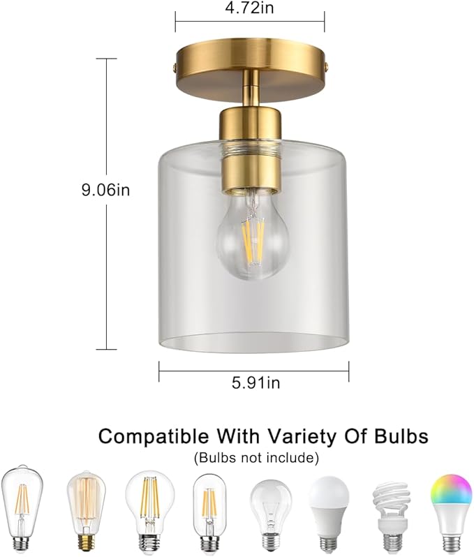 Brass Semi Flush Mount Ceiling Light,Gold Modern Fixture for Closet Hallway Entryway Light Fixture Ceiling Brass Finish 2 Pack