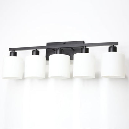 SILAMPDI Black Bathroom Light Fixtures Over Mirror, 5-Light Vanity Lights for Bathroom, Modern Wall Sconces Lighting for Bedroom Living Room, Milky White Glass Shades, E26 Base, Bulbs Not Included