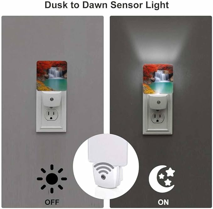 Waterfall Night Light Plug-into Wall National Park Dense Forest Nightlight Lamp with Dusk to Dawn Sensor, Led Lamp 0.5W Energy Efficient for Home Decor