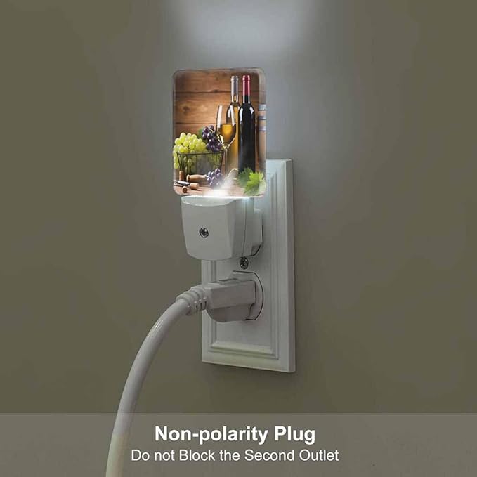 Wine Night Light A Stemmed Glass with Grapes on A Wooden Background Plug into Wall with Dusk to Dawn Light Sensors 0.5W Warm Nightlights for Bedroom Bathroom Hallway