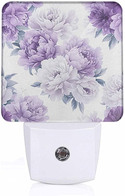 Purple Flowers Night Light Peonies in Full Bloom 0.5W Night Lights Auto LED Lamp Energy Saving Square Lights for Room Bedroom Bathroom