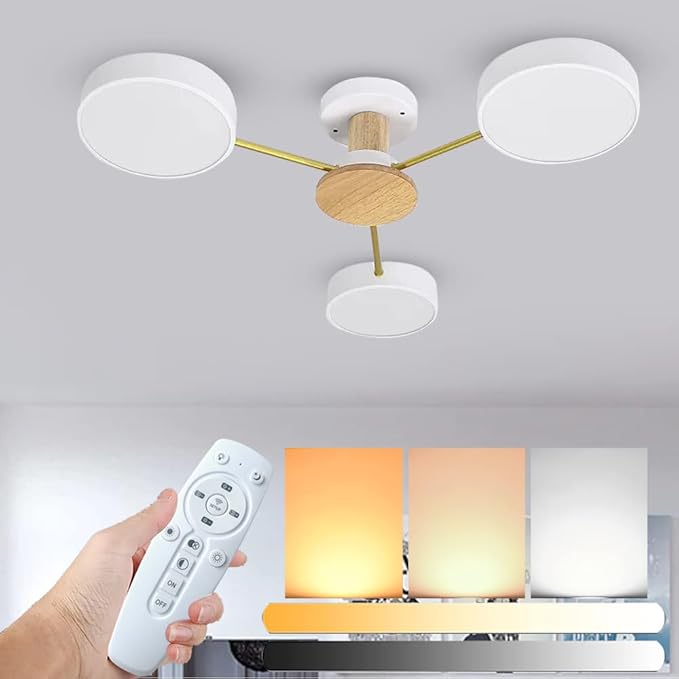 3-Lights LED Ceiling Light Fixture,26 Inch Modern Ceiling Lights Flush Mount Wooden 24W Dimmable Chandelier for Living Room Bedroom Kitchen,3000K/4000K/6000K White