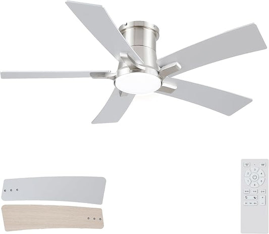 46 Inch Ceiling Fans with Lights and Remote, Nickel Low Profile Ceiling Fan, Flush Mount Style with 5 Blades, For Indoor Bedroom Living Room/Outdoor, 6 Speed Reversible DC Motor, 3CCT Dimmable LED