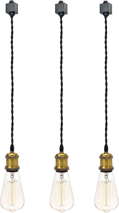 Kiven 3-Light H-Type Wire Track Light Pendants, 48 Inch Cord Length Black Weave Rope, Restaurant Chandelier Decorative Pendant Light Industrial Factory Pendant Lamp 3 Pack,Bulb Not Included（Gold）
