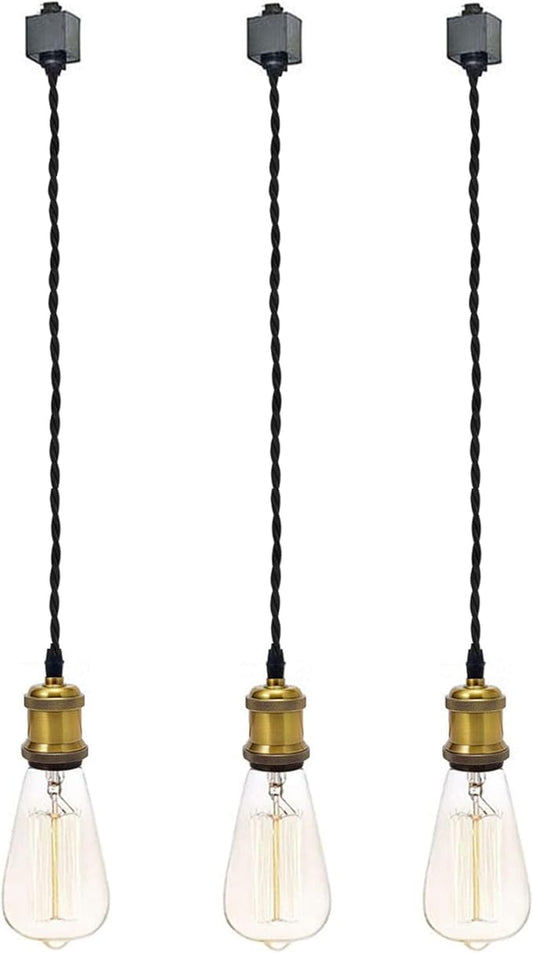 Kiven 3-Light H-Type Wire Track Light Pendants, 48 Inch Cord Length Black Weave Rope, Restaurant Chandelier Decorative Pendant Light Industrial Factory Pendant Lamp 3 Pack,Bulb Not Included（Gold）