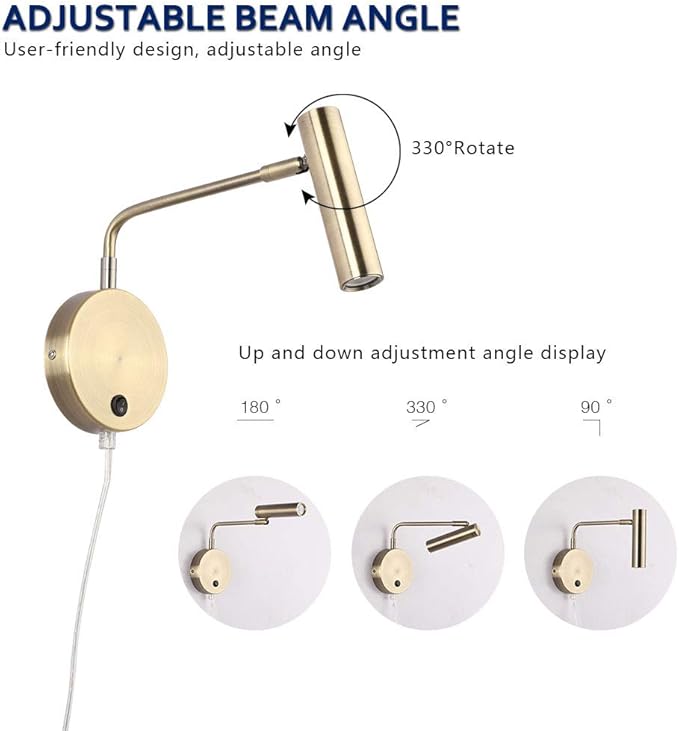 Joossnwell Wall Lamps That Plug in, Bronze Metal Industrial Wall Spotlight with Switch on Off for Home Bedside Lighting Fixtures Warm White 3000K 1 Pack