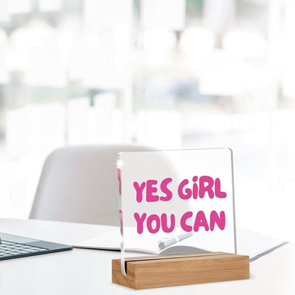 Inspirational Gifts for Women Girl Friend Bestie Sister, Pink Motivational Quote Sign, Yes Girl You Can Acrylic Plaque Table Sign Home Office Desk Decor 4 × 4 Inch