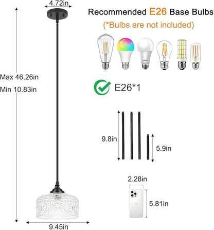 Black Vintage Pendant Lights Kitchen Island, Adjustable Height Kitchen Island Lighting, Bathroom Pendant Light with Clear Glass Shade- Dual Mount Ceiling & Hanging Fixtures with 90° Swivel for Decor