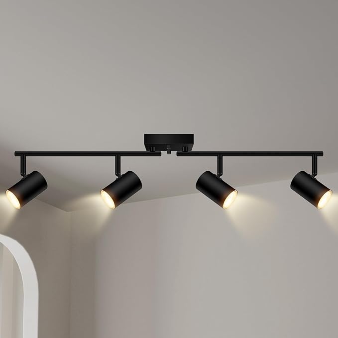 AUQUEE 4 Light Track Lighting Fixtures Ceiling, Matte Black Track Lights Ceiling with Flexibly Rotatable Light Heads, Modern LED Track Light kit for Kitchen/Hallway, GU10 Bulb Not Included