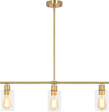 3-Light Kitchen Island Lighting, Farmhouse Dining Room Light Fixtures Over Table, Modern Gold Island Lights Over Island, 31" Linear Chandelier Hanging Ceiling Pendant Light Fixtures for Kitchen