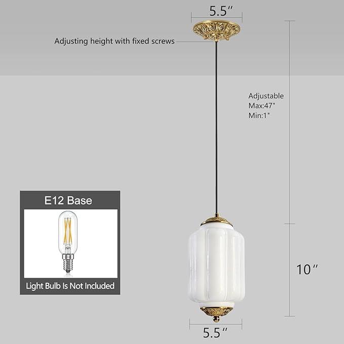 Milk Glass Pendant Light, 5.5 Inch White Adjustable Cord Hanging Lamp, Dimmable E26 Base Vintage Pendant Light Fixture for Bedroom Bathroom Entryway