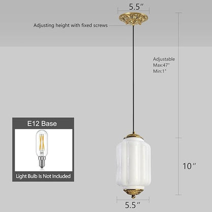 Milk Glass Pendant Light, 5.5 Inch White Adjustable Cord Hanging Lamp, Dimmable E26 Base Vintage Pendant Light Fixture for Bedroom Bathroom Entryway