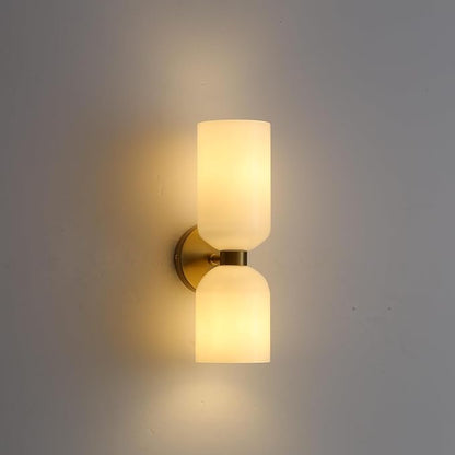 Modern Glass Wall Sconces- Double Head Wall Lighting with Long Short Glass Shades- Bathroom Vanity Light Mid-Century Up Down Hardwired Wall Lamp Indoor for Bedroom Hallway Living (Gold-White)