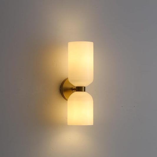 Modern Glass Wall Sconces- Double Head Wall Lighting with Long Short Glass Shades- Bathroom Vanity Light Mid-Century Up Down Hardwired Wall Lamp Indoor for Bedroom Hallway Living (Gold-White)