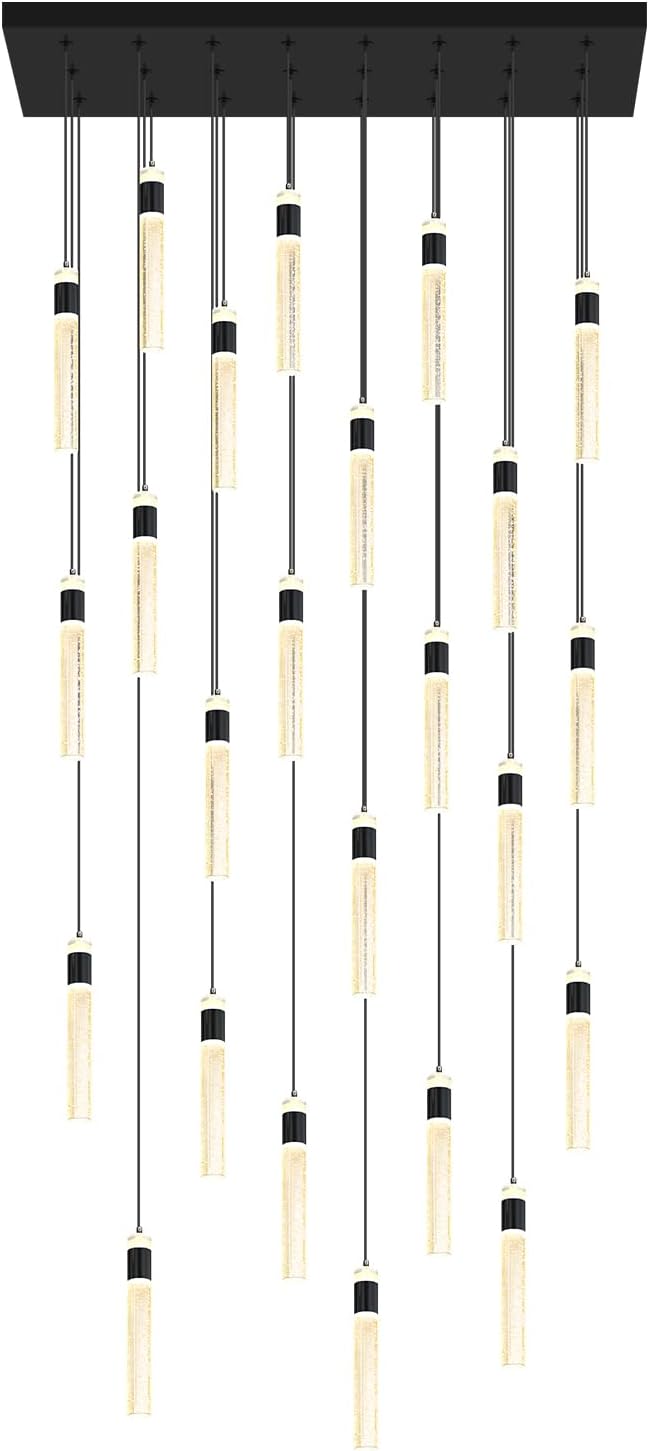 Glam Rectangular Crystal Column Chandelier for High Ceiling 24-Lights Black LED Dimmable Long Crystal Chandelier for Foyer Living Room Adjustable Height
